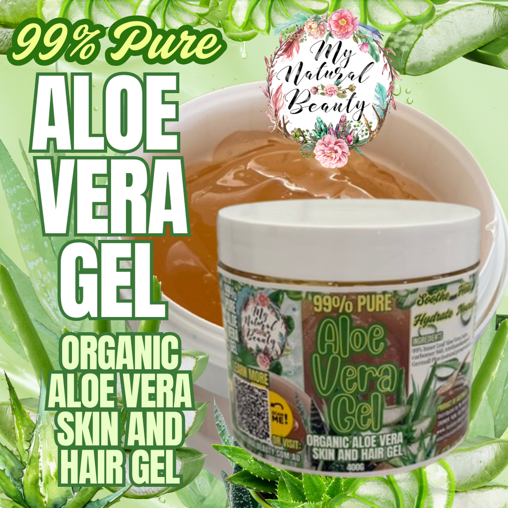 Aloe Vera Gel for skin and hair - 99% PURE ALOE VERA- 375g    Brand- Aloe Vera Australia.  MANUFACTURED IN AUSTRALIA  Description   99% PURE Aloe Vera  INGREDIENTS: 99% INNER LEAF ALOE VERA JUICE, carbomer 940, triethanolamine and Germall plus (Natural Preservative).  This 99% pure Aloe Vera gel:  Is a fragrance free, soothing and moisturising gel. Protects, restores and repairs dry, chapped skin. Helps relieve skin that is damaged by sun and wind. Soothes minor wounds and abrasions. 