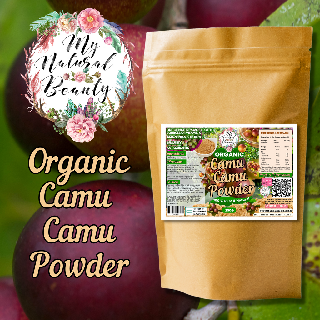 100% Organic Camu Camu Powder- 250g     Camu Camu Powder is a unique hidden-treasure of the Amazon. The fruit grows on a small bushy riverside tree and has a spectacular number of powerful benefits. Add it to your smoothies, shakes or any other food or drink for a boost of energy to power through your day! Camu camu is a nutritionally dense, containing potent levels of vitamin C, numerous minerals, antioxidants, and polyphenols.  