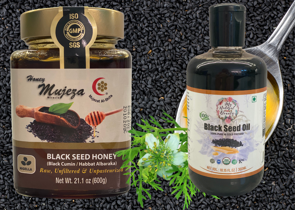 Mujeza Black Seed Honey (Black Cumin)- 600g and 100% Pure Organic Black Seed Oil - 300ml. Buy Mujeza Australia. Black Seed honey Australia. Nigella Sativa Australia