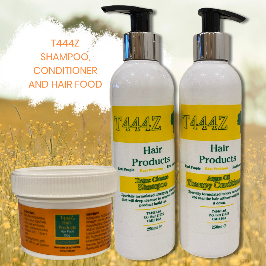 T444Z Shampoo, Conditioner and T444Z. zThis bundle contains:    1 x T444Z 250ml Detox Cleanse Shampoo   1 x T444Z 250ml Argan Oil Therapy Conditioner   1 x T444z Hair food -150g . Natural hair growth. Grow hair naturally. 