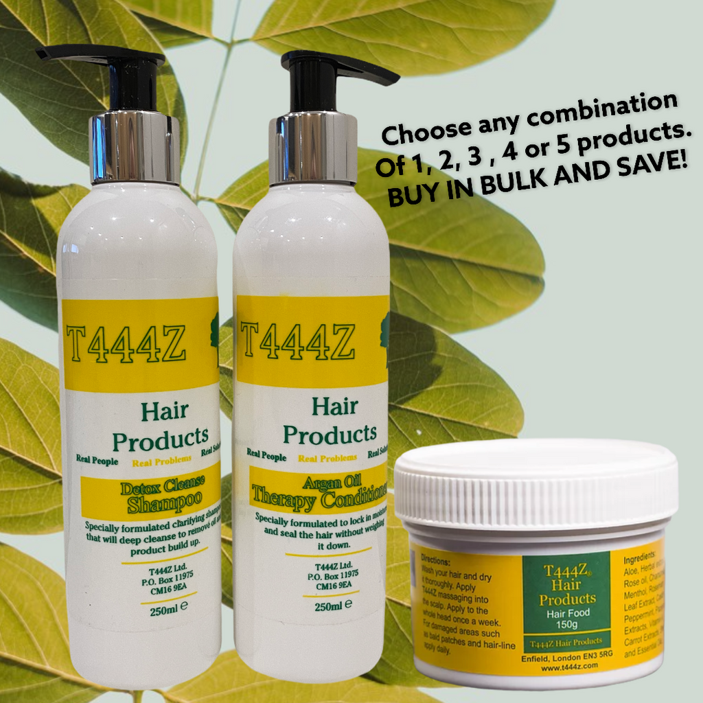 T444Z Hair Products- Choose Any 1, 2, 3, 4 or 5 Products and save.        Options:     1 x T444Z Detox Cleanse Shampoo- 250ml  1 x T444Z Argan Oil Therapy Conditioner- 250ml  1 x T444z Hair food -150g     Choose 1, 2, 3, 4 or 5 of the above products. It can be a mix and any combination you like. Please ensure you leave a note at checkout to specify the products you choose. FREE SHIPPING AUSTRALIA WIDE applies for all orders over $60.00.