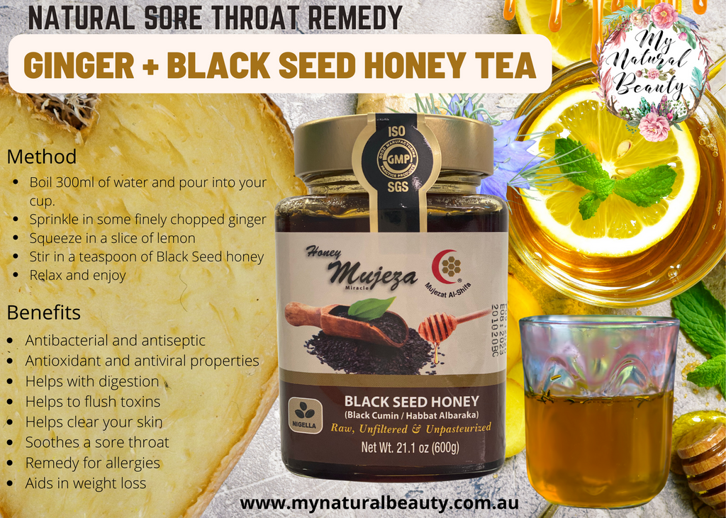 Black Seed honey tea recipe. Black Seed and honey for immune health. Nigella Sativa . Honey. Australia